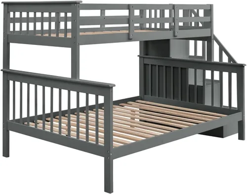 Vista 11 de TRIPLE TREE Litera individual sobre matrimonial para niños, marco de cama de madera maciza con barandilla de almacenamiento y protección