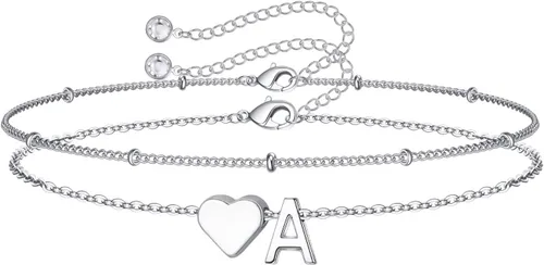 Vista 30 de M MOOHAM Pulseras de oro con inicial de corazón para mujer, pulseras con dije de letra A-Z de corazón dorado en capas para mujer, pulseras
