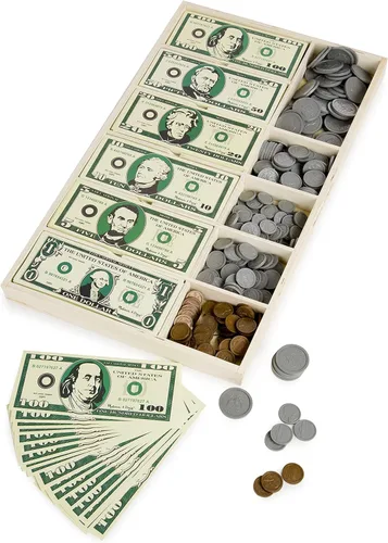 Vista 4 de Melissa & Doug - Juego de dinero educativo con billetes de papel y monedas de plástico (50 de cada denominación) y cajón de efectivo de madera