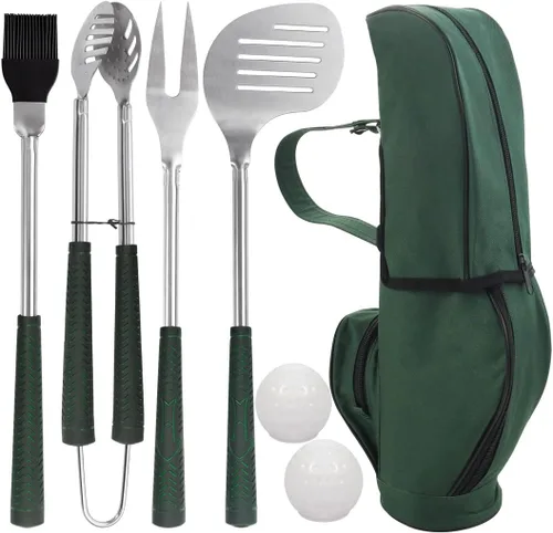 Vista 10 de POLIGO Juego de 7 herramientas de barbacoa estilo club de golf con mango de goma, accesorios de parrilla de acero inoxidable para parrilla al aire