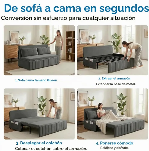 Vista 7 de Mjkone Sofá cama extraíble tamaño Queen, sofá cama 3 en 1, sofá cama convertible de piel sintética de 64 pulgadas, sofá cama extraíble con bolsillos