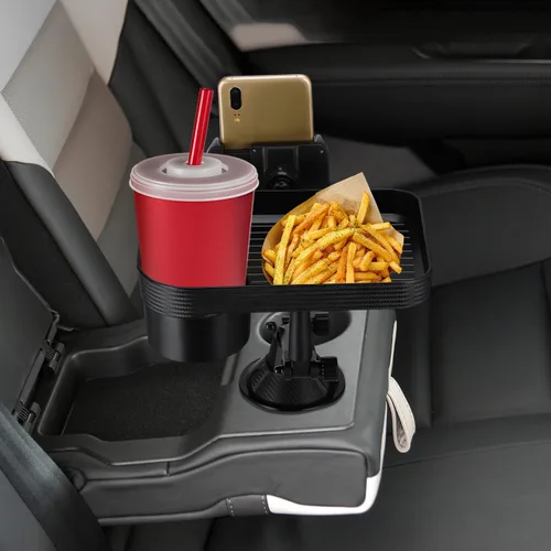 Vista 5 de CALLARON Bandeja portavasos, bandejas para automóvil para comer, bandeja giratoria ajustable 3 en 1 para alimentos, soporte universal para vasos