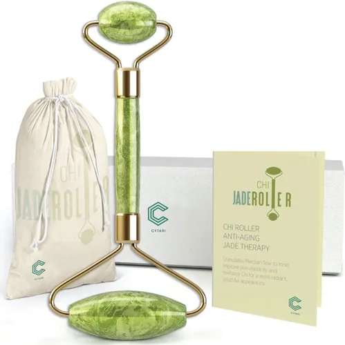 Cytari Chi Jade Rolling Kit 100% Natural Jade Roller | Masaje antienvejecimiento y herramienta de drenaje linfático para ojos, cuello, cuerpo,