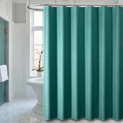 Vista 90 de Cortina de ducha de tela Dynamene verde oscuro - Cortinas de baño de tela de nido de abeja texturizadas resistentes, juego de cortinas de baño