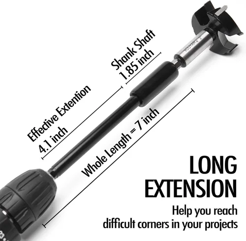 Vista 4 de Extensión de broca Forstner de 7 pulgadas para vástago hexagonal de 3/8 pulgadas, portabrocas de extensión de sierra de agujero, para añadir más