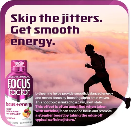 Vista 4 de Focus Factor Focus + Energy Shots - 12 botellas de 2 onzas (sabor a ponche tropical) - Alimentado por nootrópicos con cafeína, L-teanina, ginkgo