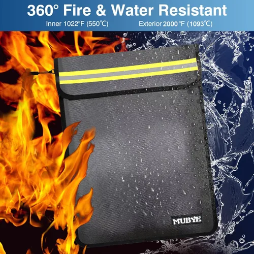 Vista 4 de Bolsa impermeable ignífuga para documentos de dinero, bolsas con cremallera de 15 x 11 pulgadas con tira reflectante, bolsa organizadora de Negro