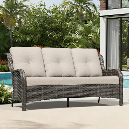 Joyside Sofá de patio al aire libre, sofá de mimbre para exteriores de 3 plazas con respaldo alto, asientos profundos, reposabrazos anchos, cojines