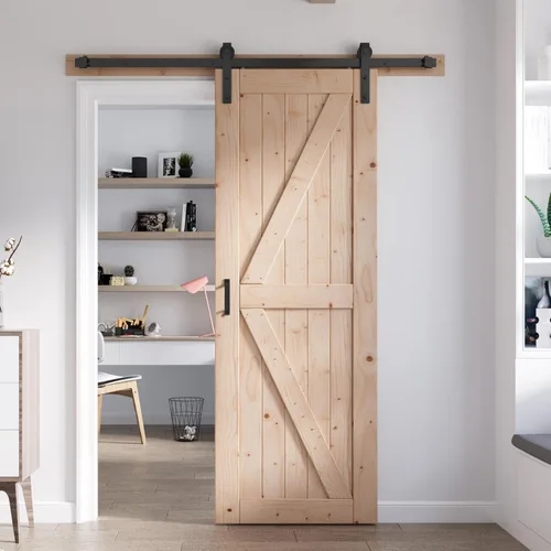 Vista 9 de FREDBECK Puerta corredera de granero de 34 x 84 pulgadas con kit de herramientas de 6 pies incluido, panel de abeto macizo en forma de K, necesita