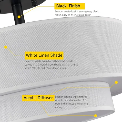 Vista 5 de DAYCENT Lámpara de Techo Semiempotrada de Tambor Negro Estilo Granja Moderno Regulable Lámpara LED de Techo 30W 3000K/4500K/5500K Pantalla de Tambor