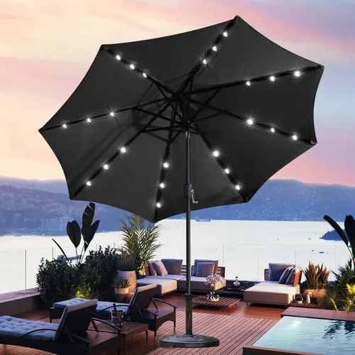 Vista 5 de Sunnyglade Sombrilla de patio con luz LED solar de 9 pies con 8 varillas/ajuste de inclinación y sistema de elevación de manivela (negro)