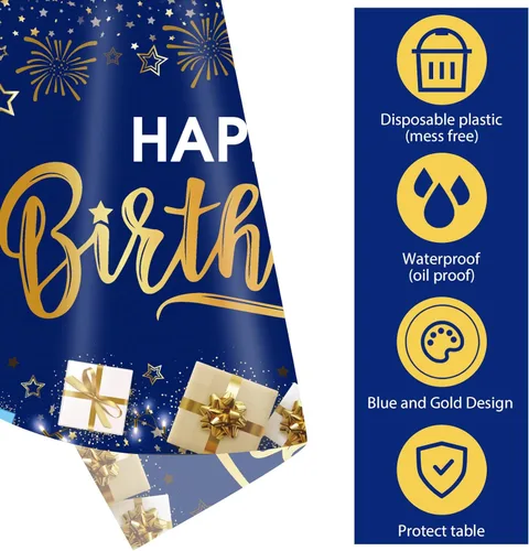 Vista 3 de DUAIAI Decoraciones de feliz cumpleaños, 1 mantel de cumpleaños azul marino y dorado para niños, niñas, hombres y mujeres, funda rectangular