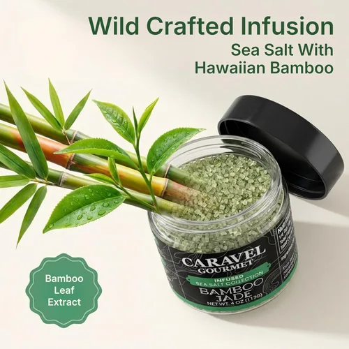 Vista 5 de Sal marina de jade de bambú infundida con bambú hawaiano cosechado silvestre – Sal de acabado premium que añade un aroma salado y té verde – tarro