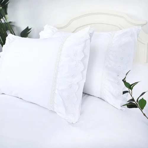 Juego de 2 fundas de almohada con ojales de encaje con volantes, color blanco, estilo rústico y elegante, de algodón, con bordado, floral,