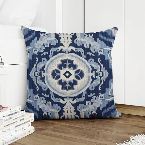 Vista 5 de Fundas de cojín Ikat con medallón azul y gris, color blanco y azul marino, fundas de almohada abstractas, decorativas de granja para sofá, cama