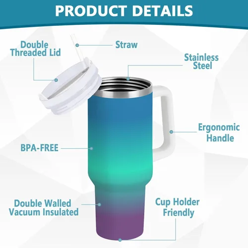 Vista 3 de JUNZAN Aurora Blue Green Purple Water Bottles With Handle Wide Mouth Vacuum Stainless 30 OZ Travel Coffee Mug Spill Proof with Straw Lid Men for