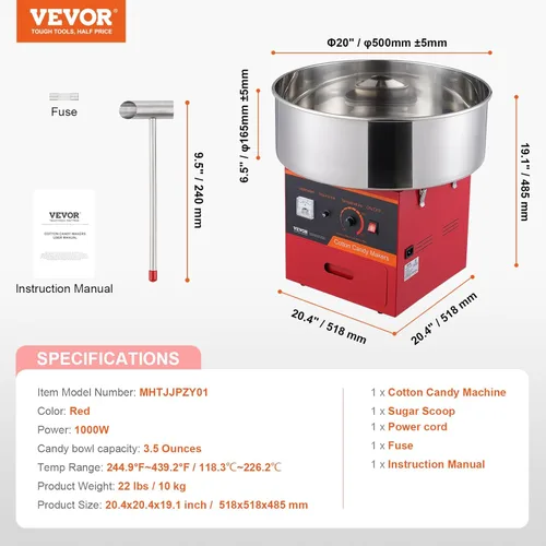 Vista 17 de VEVOR - Máquina eléctrica para hacer algodón de azúcar con carro, máquina comercial para hacer caramelo de 1000W con tazón de acero inoxidable