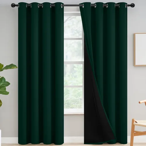 Vista 64 de Yakamok Cortinas 100% opacas para dormitorio, 63 pulgadas de largo, cortinas de bloqueo de luz total con respaldo negro, paneles de ojales sólidos