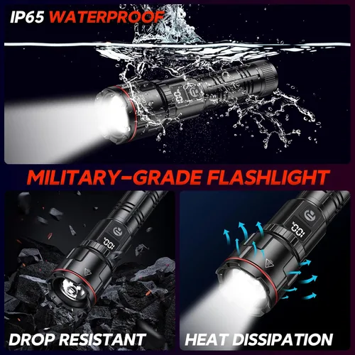 Vista 6 de RECHOO Linternas recargables 1 paquete, linterna LED súper brillante de alto lúmenes con pantalla digital LCD, 3 modos de iluminación y luces flash