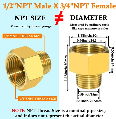Vista 2 de Adaptador de montaje de tubería de latón 1/2 "NPT macho a 3/4 "NPT conector reductor hembra, 2 piezas