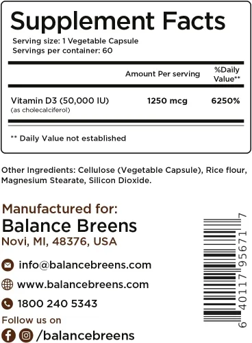 Vista 6 de Balance Breens Vitamina D3 50,000 UI - 60 cápsulas vegetales - Suplemento de vitamina D sin gluten de alta potencia sin OMG