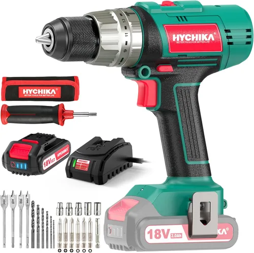 HYCHIKA - Taladro de martillo inalámbrico de 18 V, taladro eléctrico de 400 In-lbs con mango auxiliar, mandril de metal de 1/2 pulgada, batería de
