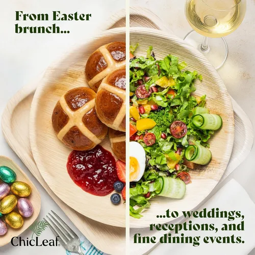 Vista 4 de Chic Leaf Platos desechables de bambú compostables y biodegradables de hoja de palma, platos desechables de fiesta para aperitivos, cena de Navidad