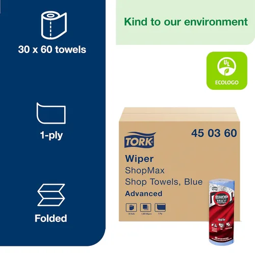 Vista 2 de Tork ShopMax Toallas de Papel para Tienda de Alta Resistencia Azul, Alta Absorción, 30 rollos x 60 Hojas, 450360