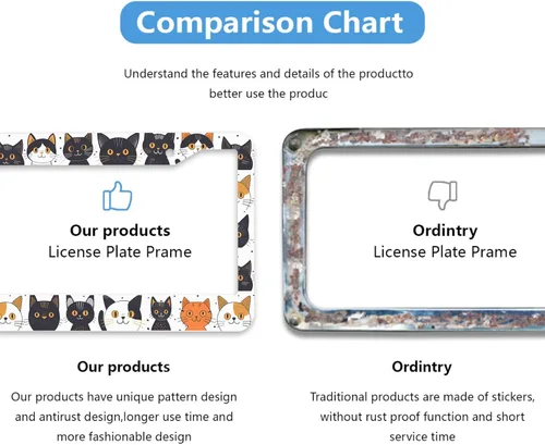 Vista 5 de Marco de matrícula de gato con dibujos animados de animales y gatos, personalizable, marcos de matrícula de acero inoxidable a prueba de óxido