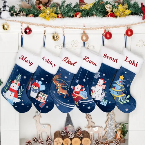 LUBOT - Paquete de calcetines de Navidad personalizados de franela, calcetines de Navidad azules familiares, calcetines de Navidad de noche, regalos