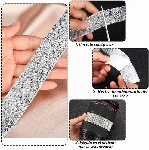 Vista 4 de 4 rollos de cinta autoadhesiva de diamantes de imitación de 8.8 yardas, tiras de diamantes de imitación plateados para manualidades, manualidades