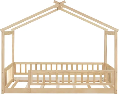 Vista 31 de Harper & Bright Designs Cama Montessori de tamaño matrimonial, cama de piso para niños con barandilla de valla, marcos de cama matrimonial de madera