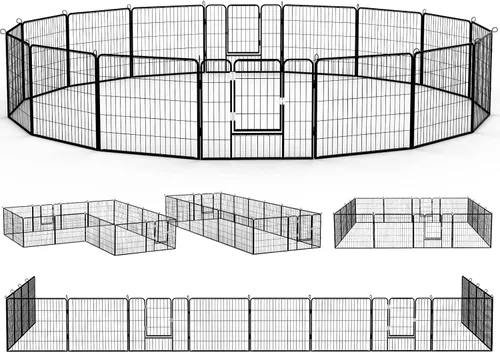 PUKAMI Corralito para cachorros, 16 paneles de 32 pies de altura x 27.5 pies de largo, negro, perro pequeño, portátil, interior/exterior