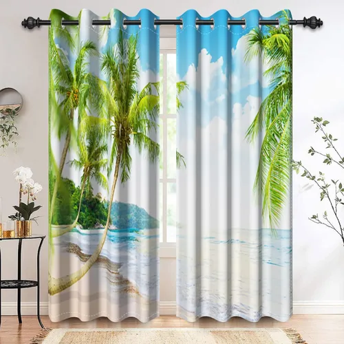 Vista 14 de Renaiss Cortinas opacas junto al mar, palmera de coco, tropical, para ventana de playa, dormitorio, cortinas de ventana con ondas oceánicas azules