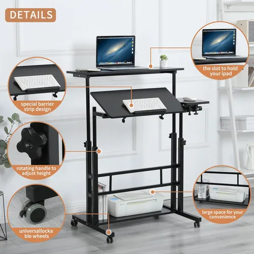 Vista 4 de AIZ Carrito de escritorio ajustable para computadora con ruedas, estación de trabajo de oficina en casa, mesa alta portátil para computadora Negro