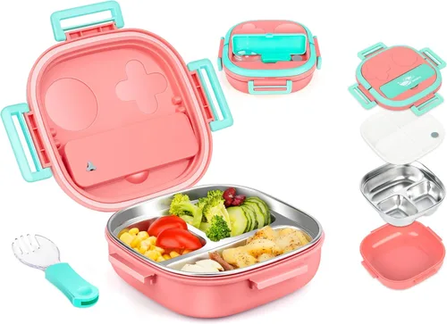 Vista 11 de Pequeña mini caja Bento o caja de aperitivos con 2 compartimentos extraíbles de acero inoxidable y cubiertos para bebé de 0 a 24 meses, a prueba