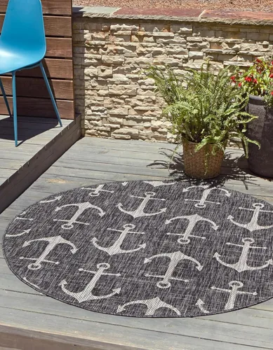 Vista 40 de Unique Loom - Alfombra octagonal de la colección Outdoor Coastal, estilo Ahoy (5 pies 3 pulgadas, azul/marfil)