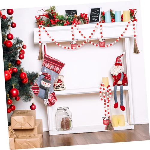 Vista 4 de VICASKY Guirnalda de cuentas de madera de Navidad con borlas, decoración de bandeja escalonada, cuentas colgantes de pared de granja con borlas