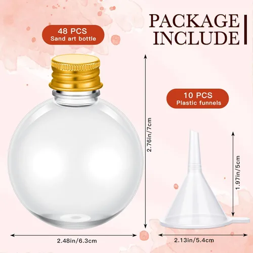Vista 2 de FoldTier 48 botellas de plástico para poción con tapas, botellas redondas de arena de 3.4 onzas, recipientes esféricos de plástico transparente