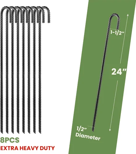 Vista 2 de Juego de 8 estacas de refuerzo de 24 pulgadas, anclajes de suelo resistentes con gancho en J, soporte de planta de acero curvado con extremo