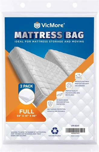 Vista 13 de VICMORE Paquete de 2 bolsas de colchón tamaño individual para mudanza y almacenamiento, bolsas de plástico transparente de 1.5 mil, protección