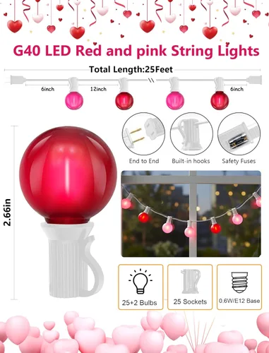 Vista 2 de G40 - Guirnalda de luces LED para el día de San Valentín, luces de decoración de San Valentín de 25 pies para exteriores con bombillas redondas