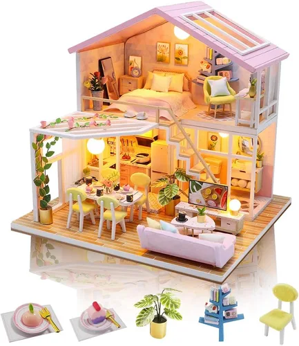 Vista 11 de GuDoQi Kit de casa de muñecas en miniatura, kit de casa pequeña con muebles, kit de casa en miniatura a escala 1:24, gran regalo para cumpleaños