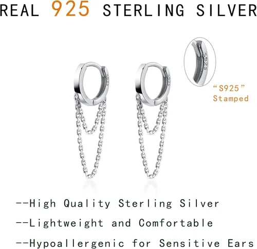 Vista 6 de Reffeer Aretes de aro pequeños de plata de ley 925 con borla y cadena para mujeres y adolescentes