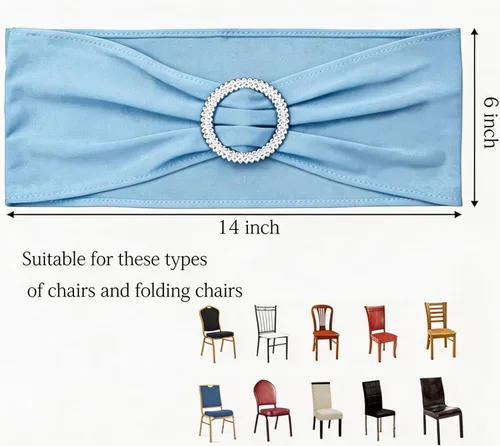 Vista 2 de Paquete de 50 bandas elásticas para sillas de bebé azul para boda, bandas elásticas de licra con hebilla deslizante, arcos de sillas de spandex