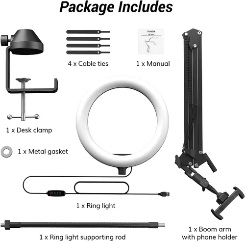 Vista 9 de TONOR Kit de luz de anillo superior, luz de anillo de 10 pulgadas con brazo de pluma Heayy Duty y soporte para teléfono, ángulo ajustable, adecuado