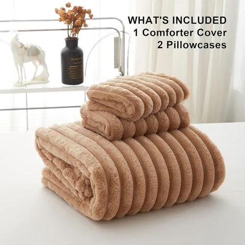 Vista 6 de Juego de funda de edredón cálida y esponjosa tamaño Queen, funda de edredón reversible de piel sintética de lujo, 3 piezas, acogedora funda