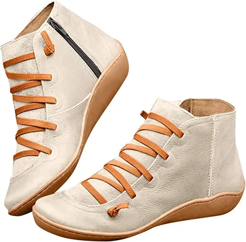 Vista 5 de Ladmiple Botas de tobillo para mujer, sin tacón, casual, con cremallera lateral, botas cortas vaqueras occidentales, zapatos para caminar