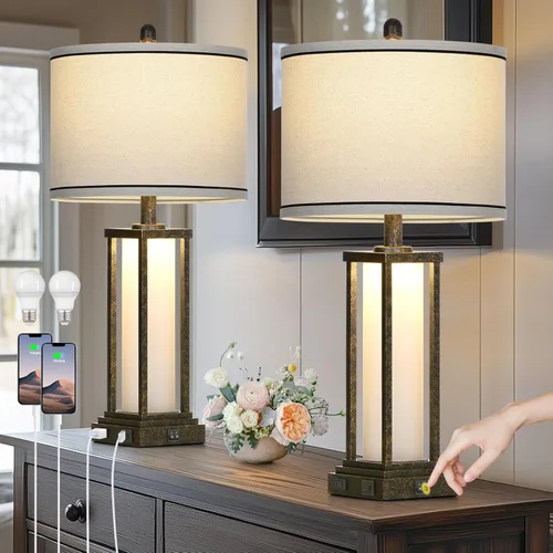 27" Tall Vintage Table Lamp Set of 2 with USB C+A & Outlet,Bronze Industrial End Table Lamp for Living Room,Farmhouse Rustic Bedside Lamps with