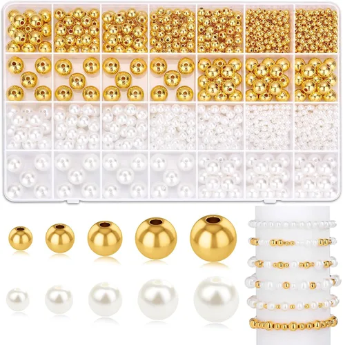 Vista 9 de Audab Cuentas de perlas para hacer pulseras, 970 cuentas espaciadoras de perlas y doradas para hacer joyas